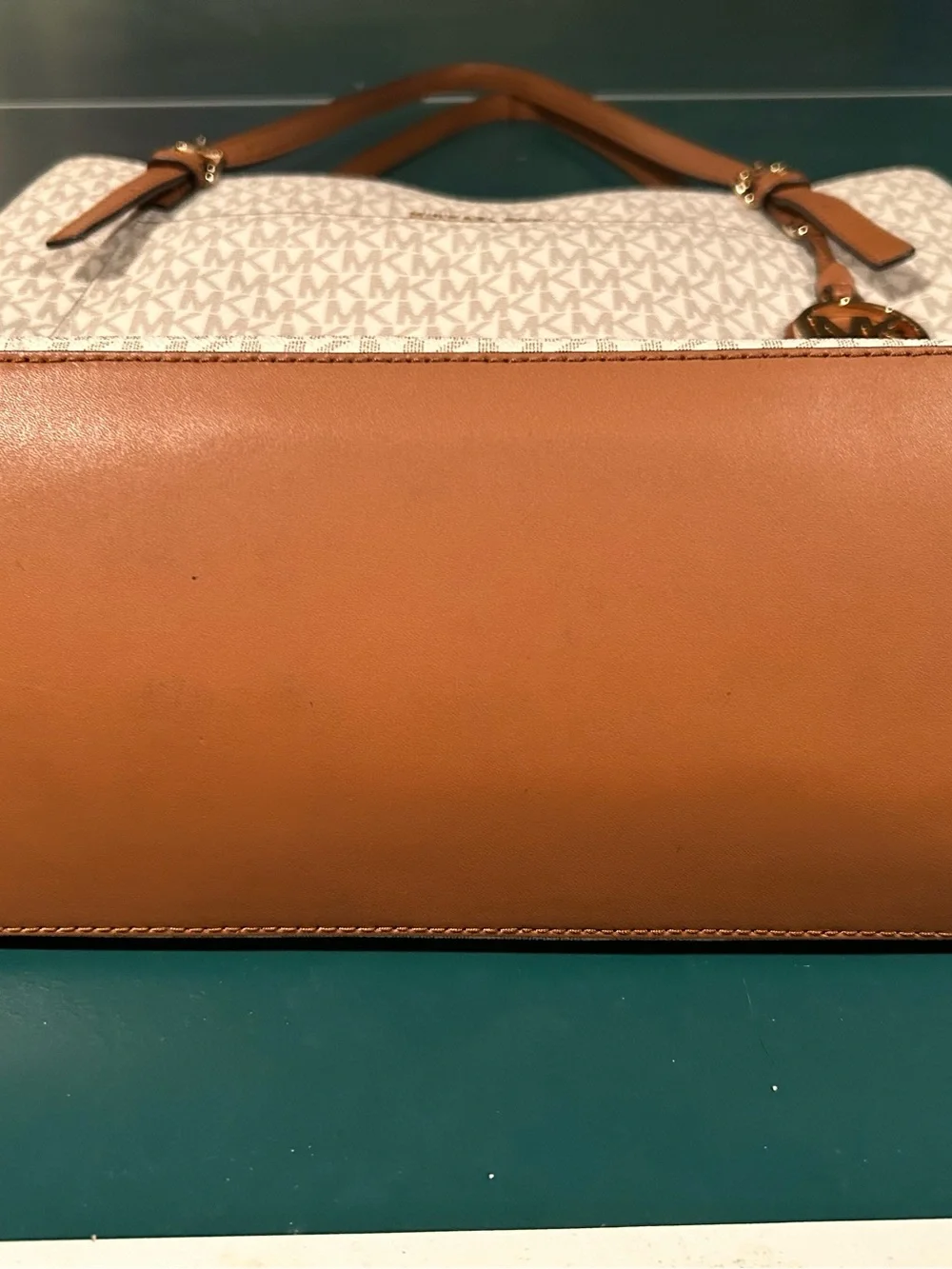 Michael Kors Cream Logo Tote with Tan Leather Trim